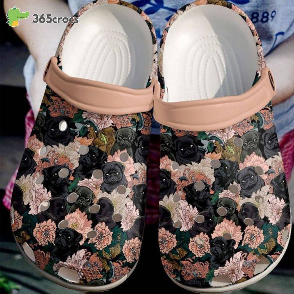 Adorable Pug Flowers Garden Clogs For Girls Love Dogs Black Puppies