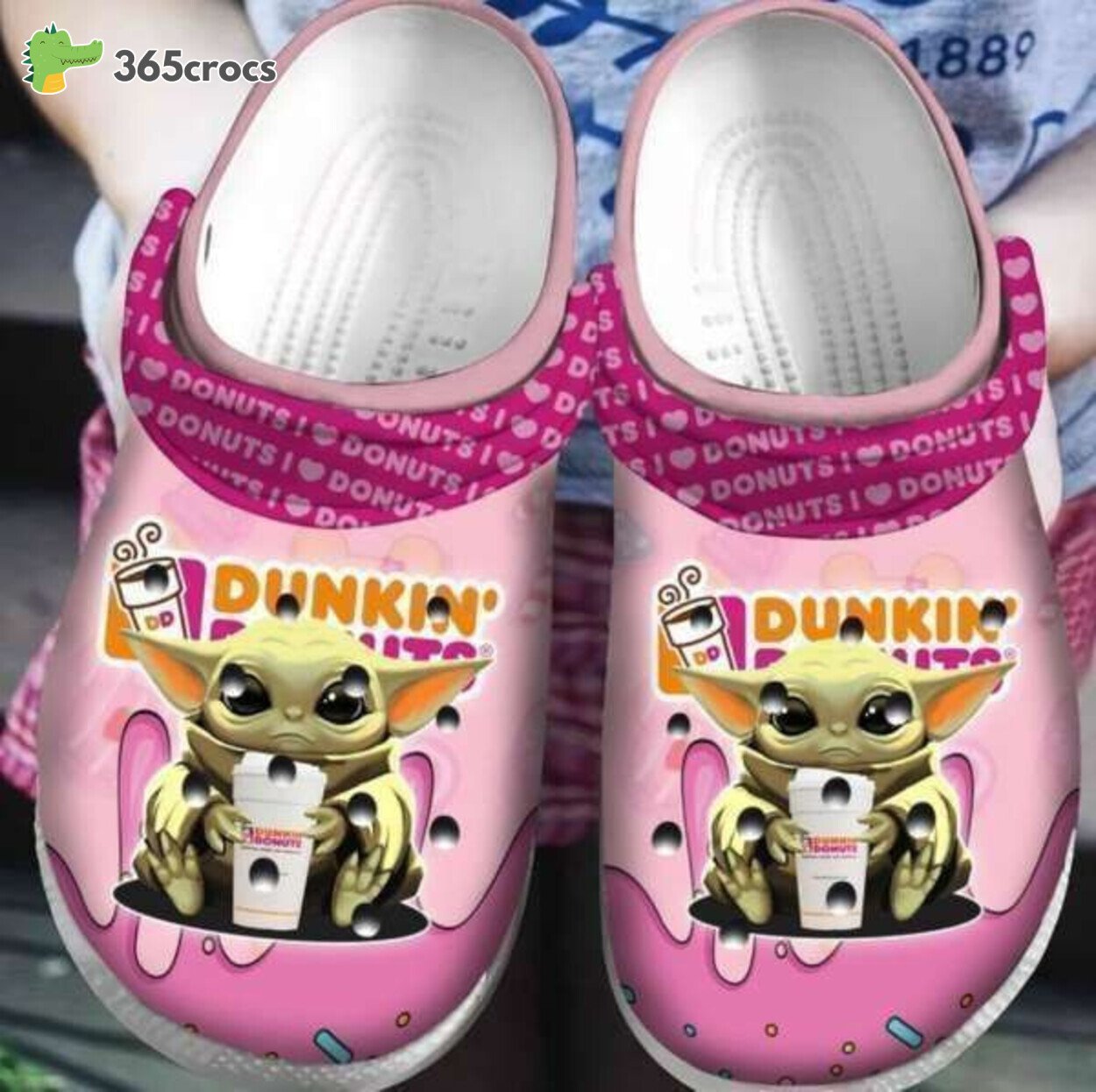 Dive into Nostalgia Baby Yoda Embracing Dunkin Donuts Classic Clog 